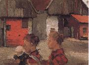 The woman holding the child in front of the farmhouse